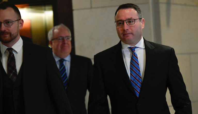 Former National Security Council Director for European Affairs Lt. Col. Alexander Vindman, right, arrives to review his testimony before a closed-door interview in the impeachment inquiry on President Donald Trump's efforts to press Ukraine to investigate his political rival, Joe Biden, at the Capitol in Washington, Thursday, Nov. 7, 2019. (AP Photo/Susan Walsh)