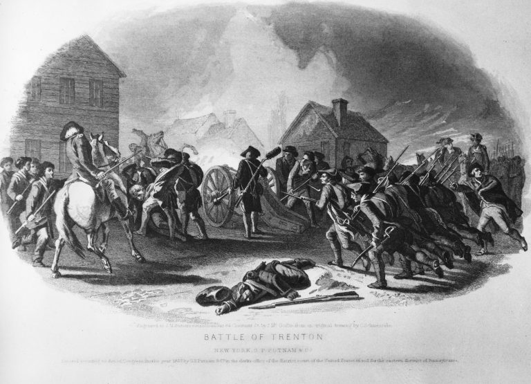 Drawing of the Battle of Trenton, 1776, during the American Revolutionary War.