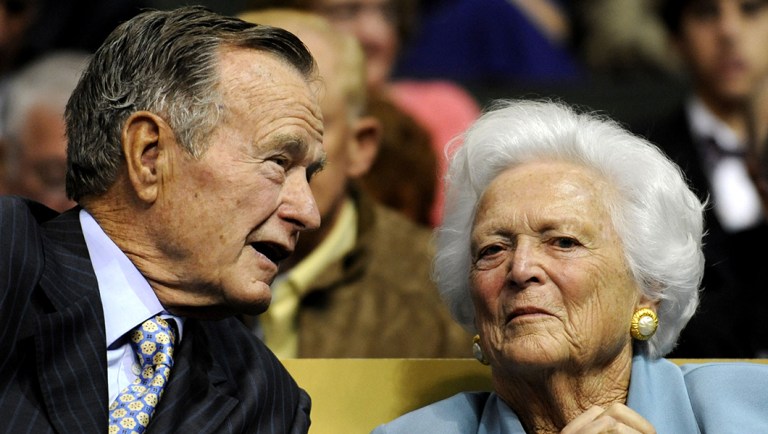 Former U.S. President George H.W. Bush, left, and former first lady Barbara Bush are seen at the Republican National Convention in St. Paul, Minn.