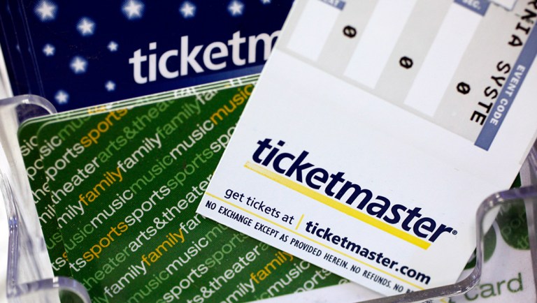 Ticketmaster tickets and gift cards are shown at a box office in San Jose, Calif.