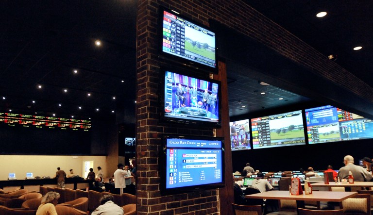 In this photograph, bettors watch horse races at the sports book parlor at Dover Downs casino in Dover, Del.