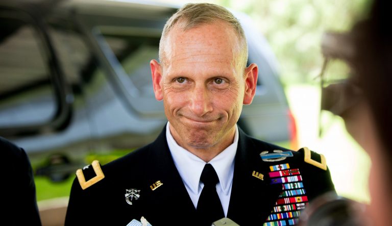 United States Special Operations Command Africa Commander Brig. Gen. Donald Bolduc pauses while speaking to members of the media outside the U.S. Embassy in Chad in N'Djamena, Chad, Wednesday, April 20, 2016. 