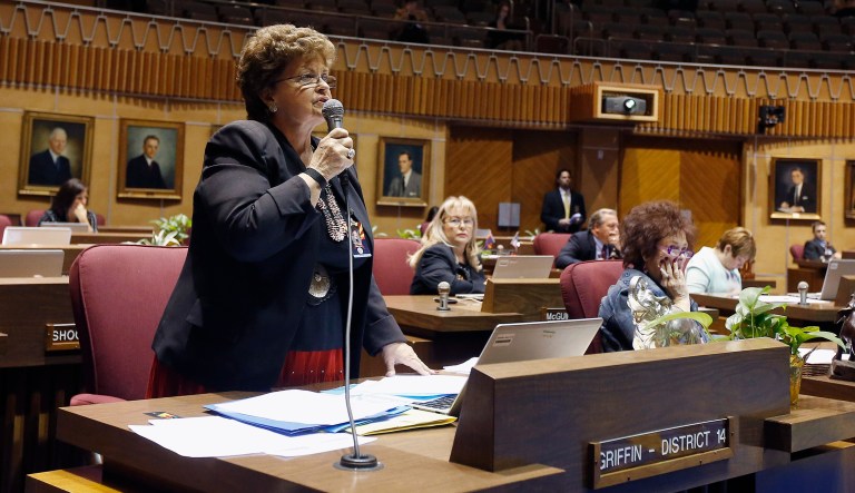 Sen. Gail Griffin, R-Hereford, speaks about her sponsored bill SB1400, a water supply bill, during a vote on the Senate floor at the Arizona Capitol Wednesday, May 4, 2016, in Phoenix.