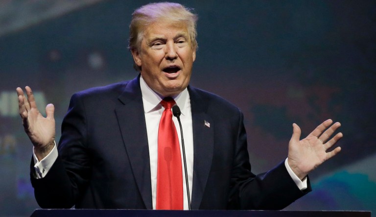 In this May 20, 2016 photo, Republican presidential candidate Donald Trump speaks at the National Rifle Association convention, in Louisville, Ky. Hillary Clinton has a message for Donald Trump: Bring it on. As Clinton's path to the Democratic nomination seems all-but-assured, friends, aides and supporters describe a candidate who is not only prepared to tune out Trump's increasingly direct attacks on her husband's personal indiscretions but believes they will eventually benefit her presidential aspirations.