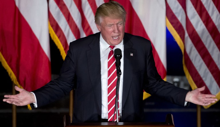 Republican presidential candidate Donald Trump speaks during a rally at the Fox Theater, Wednesday, June 15, 2016, in Atlanta. 