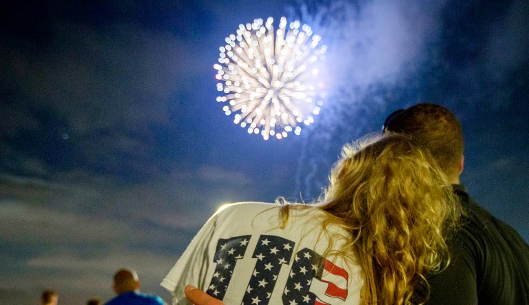 Spectators watch Fourth of July fireworks in Cincinnati, Ohio.
