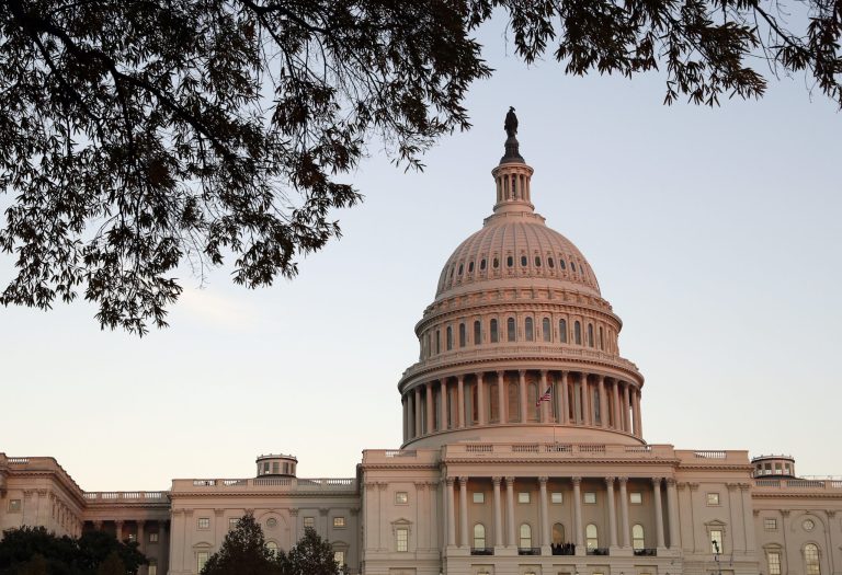 The U.S. Capitol dome is seen at sunset on Capitol Hill in Washington, D.C.