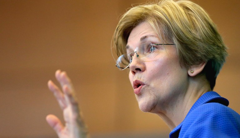 Sen. ElizabethÂ Warren, D-Mass., addresses an audience in Boston.