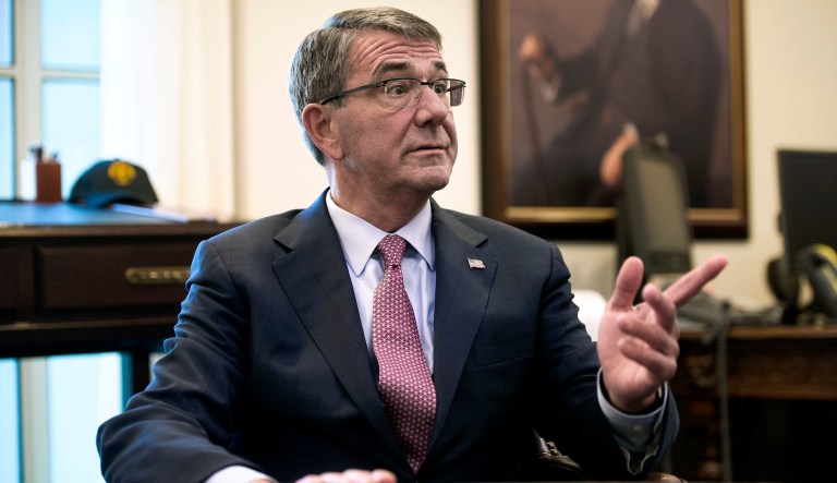 Secretary of Defense Ash Carter is interviewed in his Pentagon office in Washington.