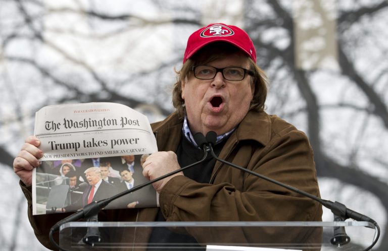 Film director Michael Moore speaks to the crowd during the Women's March rally, Saturday, Jan. 21, 2017 in Washington.