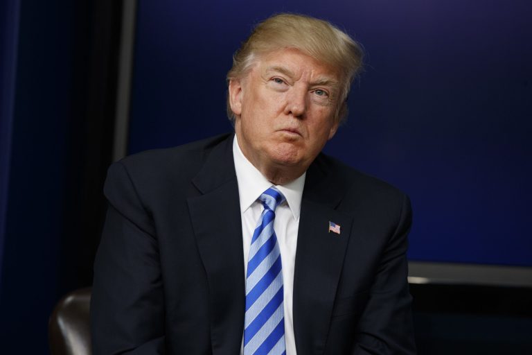 President Donald Trump listens to a question during a town hall with business leaders in the South Court Auditorium on the White House complex in Washington, Tuesday, April 4, 2017. 