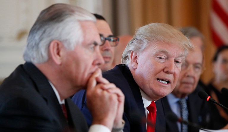 President  Trump sits next to Secretary of State Rex Tillerson during a bilateral meeting with Chinese President Xi Jinping at Mar-a-Lago on April 7, 2017, in Palm Beach, Fla.