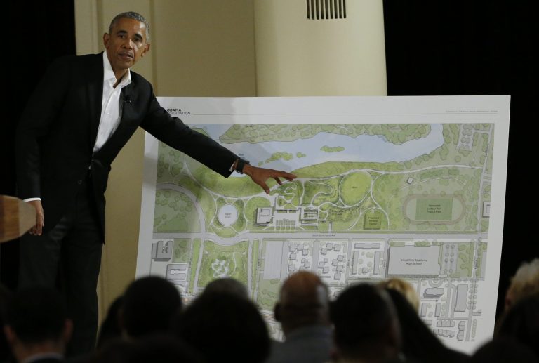 Former President Barack Obama speaks at a community event on the Presidential Center at the South Shore Cultural Center in Chicago.