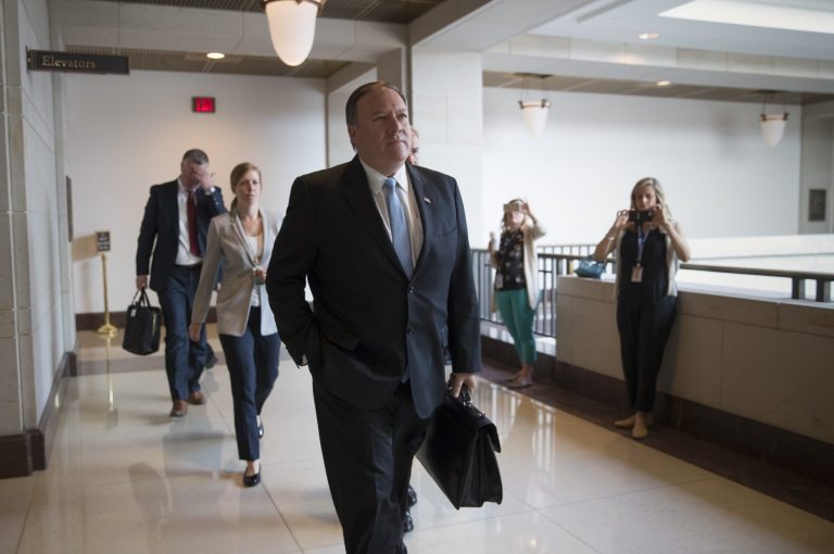 In this photo, Mike Pompeo, now secretary of state, walks around Capitol Hill.