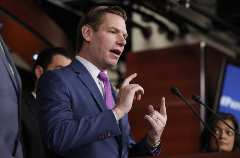Rep. Eric Swalwell, D-Calif., speaks during a news conference on Capitol Hill in Washington, Wednesday, May 17, 2017. 