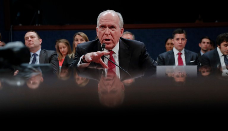 Former CIA Director John Brennan testifies on Capitol Hill in Washington on May 23, 2017, before the House Intelligence Committee Russia Investigation Task Force.