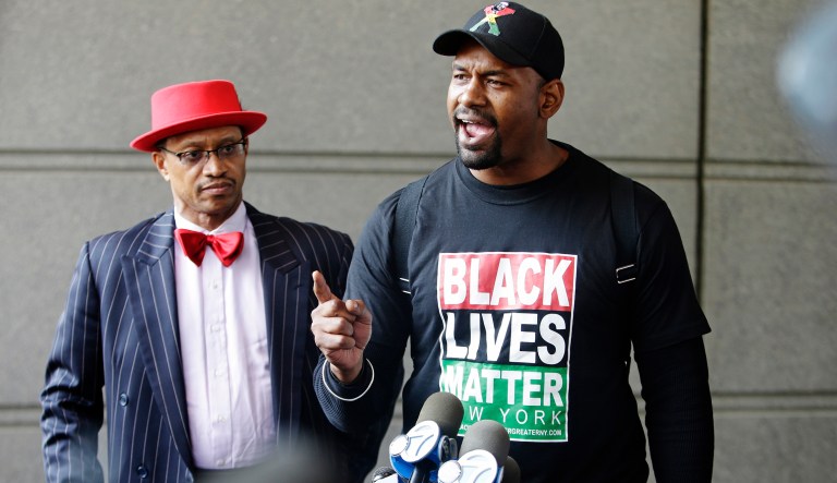 Hawk Newsome, of Black Lives Matter, speaks to the media outside of the Bronx Supreme Court after a police sergeant was indicted by a New York City grand jury in New York, Wednesday, May 31, 2017, in New York. Sgt. Hugh Barry was indicted on a murder charge in the shooting of a 66-year-old mentally ill woman, a death the mayor called tragic and unacceptable. 