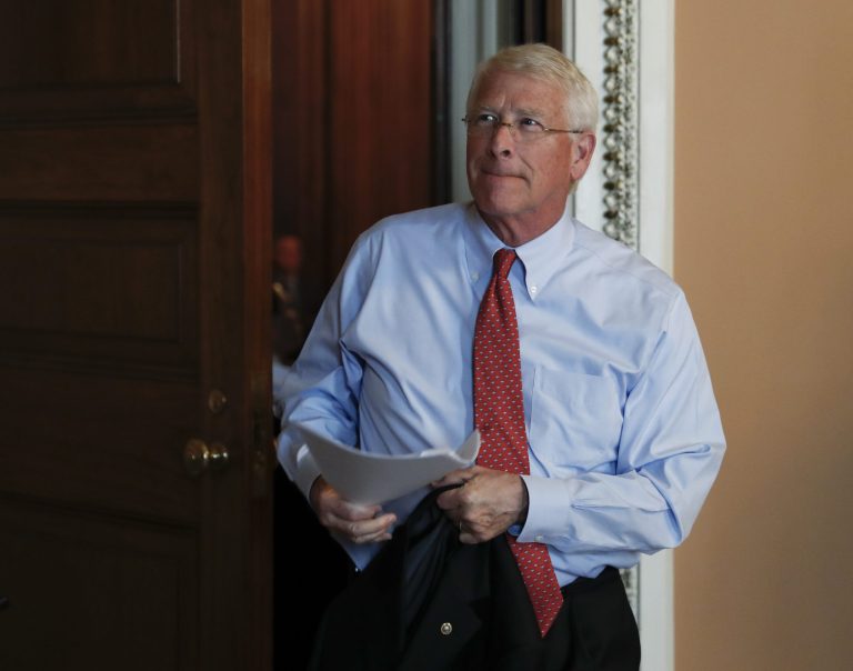 Sen. Roger Wicker, R-Miss., leaves a meeting on Capitol Hill in Washington.