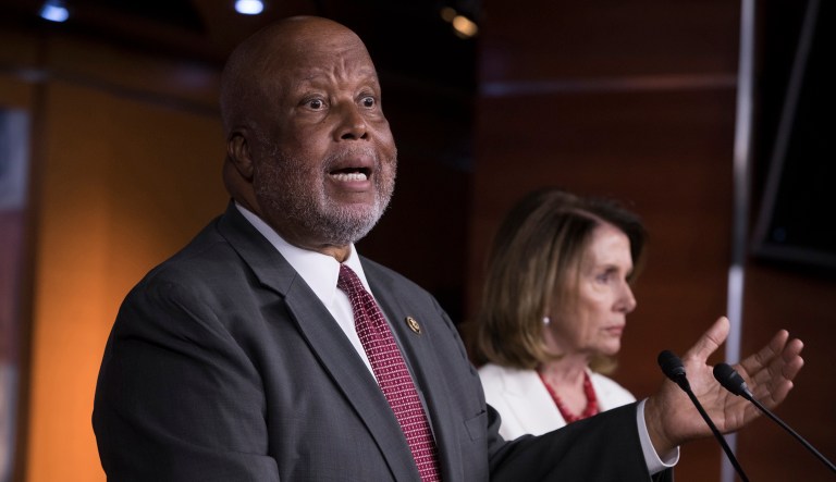 Rep. Bennie Thompson, D-Miss., the ranking member of the House Homeland Security Committee, joins House Minority Leader Nancy Pelosi, D-Calif., right, at a news conference on Russian meddling in the U.S. election and other issues, at the Capitol in Washington, Thursday, June 29, 2017. 