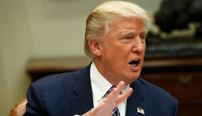 President Donald Trump speak to members of the media before having lunch with services members in the Roosevelt Room of the White House in Washington, Tuesday, July 18, 2017.