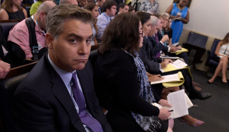 Jim Acosta of CNN listens during the daily briefing at the White House in Washington, Wednesday, Aug. 2, 2017.