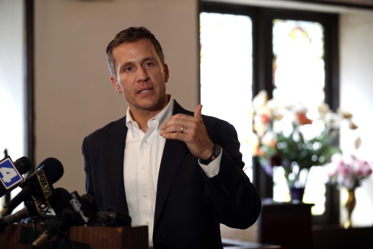 Missouri Gov. Eric Greitens speaks to the media at an event.