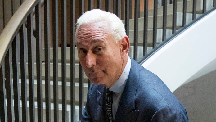 Longtime Donald Trump associate Roger Stone departs after testifying before the House Intelligence Committee, on Capitol Hill, Tuesday, Sept. 26, 2017, in Washington. Stone says there is "not one shred of evidence" that he was involved with Russian interference in the 2016 election. Stone's interview comes as the House and Senate intelligence panels are looking into the Russian meddling and possible links to Trump's campaign.