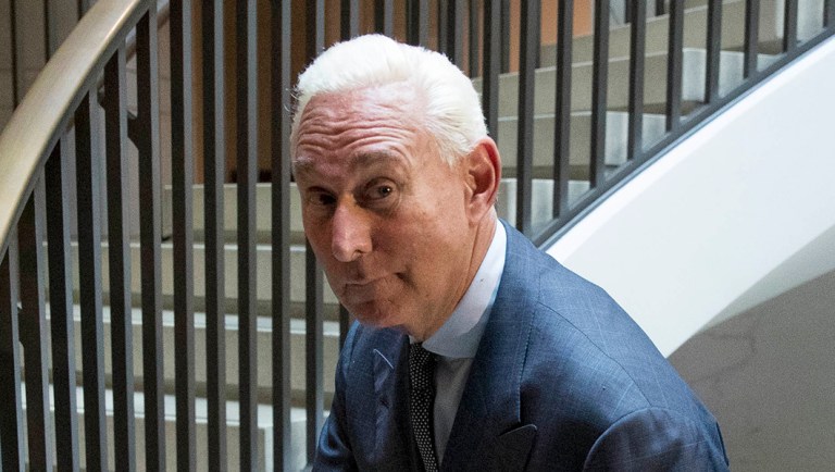 Longtime Donald Trump associate Roger Stone departs after testifying before the House Intelligence Committee, on Capitol Hill, Tuesday, Sept. 26, 2017, in Washington. Stone says there is "not one shred of evidence" that he was involved with Russian interference in the 2016 election. Stone's interview comes as the House and Senate intelligence panels are looking into the Russian meddling and possible links to Trump's campaign.