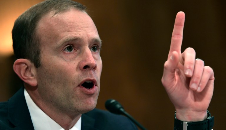 Federal Emergency Management Agency Administrator Brock Long testifies before the Senate Governmental Affairs Committee on Capitol Hill in Washington, Tuesday, Oct. 31, 2017, during a hearing on the federal response to the 2017 hurricane season.  Long said the challenge presented by hurricanes Irma, Harvey and Maria is unprecedented in the history of his agency. 