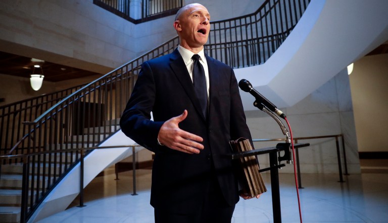Carter Page, a foreign policy adviser to Donald Trump's 2016 presidential campaign, speaks with reporters following a day of questions from the House Intelligence Committee, on Capitol Hill in Washington, Thursday, Nov. 2, 2017. 