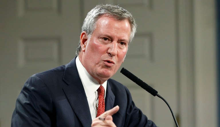 New York Mayor Bill de Blasio holds a press conference.