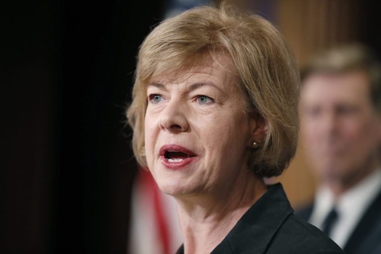 FILE - In this April 25, 2017 file photo, Sen. Tammy Baldwin, D-Wis., speaks on Capitol Hill in Washington. For the second time in as many weeks, Baldwin is giving away donations she received from someone accused of sexual misconduct. Baldwin's campaign on Wednesday night, Nov.  29 said it was donating the $5,350 she had received from public radio personality Keillor since 2012 to the Bolton Refuge House in Eau Claire. The move comes after Baldwin two weeks ago donated $20,000 she received from fellow Democratic Sen. Al Franken's political action committee to the Women Veterans Initiative.
