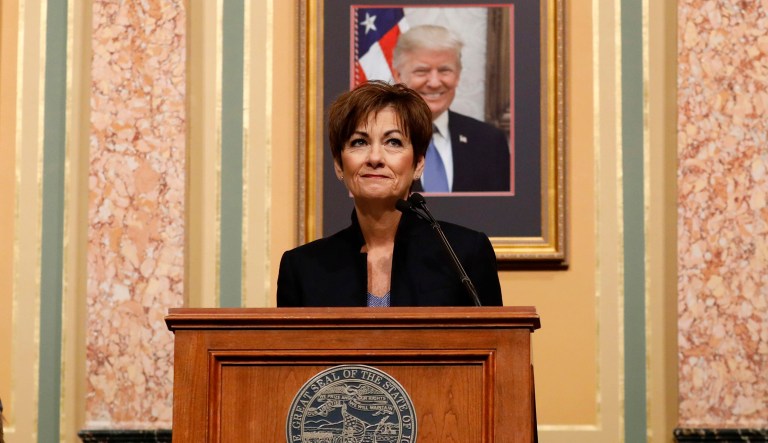 Iowa Gov. Kim Reynolds delivers her Condition of the State address before a joint session of the Iowa Legislature, Tuesday, Jan. 9, 2018, at the Statehouse in Des Moines, Iowa. 