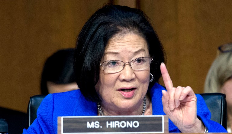 Sen. Mazie Hirono, D-Hawaii, talks during a hearing on Capitol Hill in Washington. 