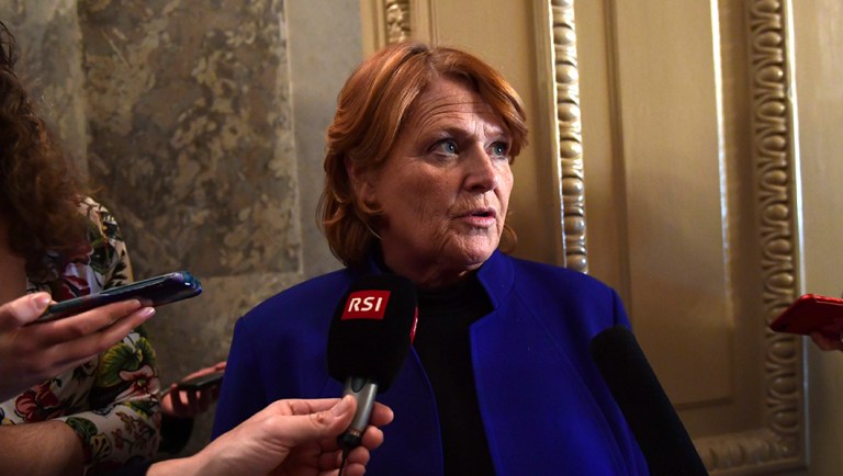 Sen. Heidi Heitkamp, D-N.D., talks with reporters on Capitol Hill in Washington, Monday, Jan. 22, 2018.