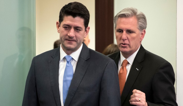 Speaker of the House Paul Ryan, R-Wis., left, and Majority Leader Kevin McCarthy, R-Calif., confer as they arrive to meet with reporters. 