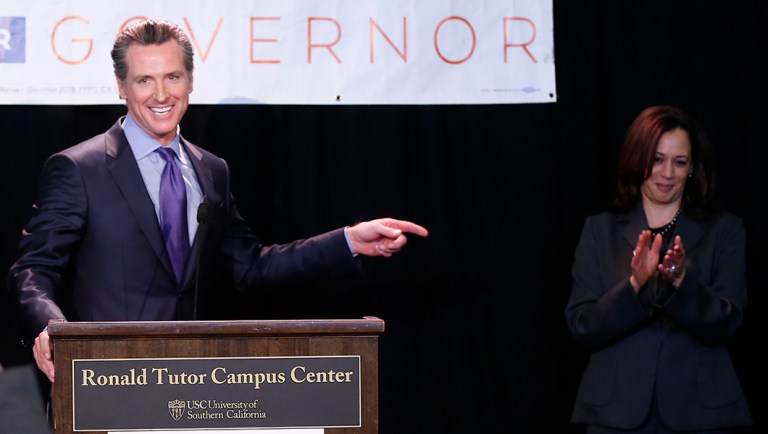 Sen. Kamala Harris, right, endorses California Lt. Gov. GavinÂ Newsom, left, for the 2018 California Governor's race.