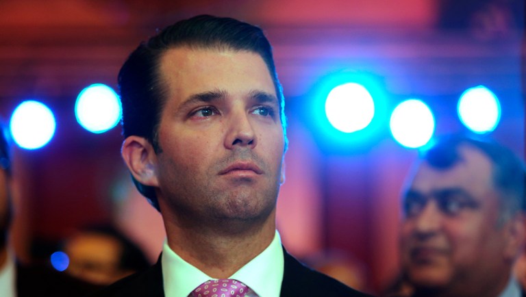 Donald Trump Jr, the eldest son of US President Donald Trump, speaks at a Global Business Summit in New Delhi, India, Friday, Feb. 23, 2018. The U.S. president's eldest son heaped praise on the Indian media Friday, and accused American journalists of unfair criticism, as he neared the end of a whirlwind trip across India promoting Trump-brand luxury real estate. Donald Trump Jr. said at an Indian business summit that life since his father's election "has been difficult from a family standpoint," but that he'd enjoyed the coverage he'd received during this trip.