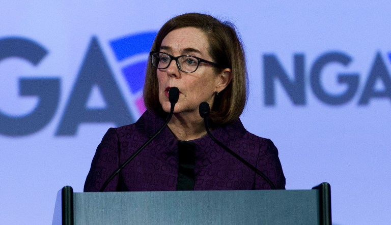 Gov. Kate Brown of Oregon speaks during a panel at the National Governor Association 2018 winter meeting. 