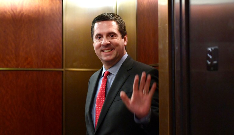 House Intelligence Committee Chairman Rep. Devin Nunes, R-Calif., waves as he waits for the doors to close on an elevator on Capitol Hill in Washington, Tuesday, March 13, 2018.