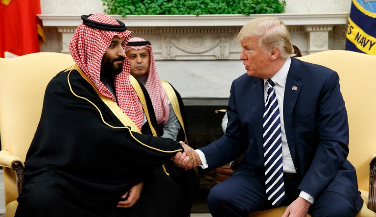 President Trump shakes hands with Saudi Crown Prince Mohammed bin Salman in the Oval Office of the White House, Tuesday, March 20, 2018, in Washington.