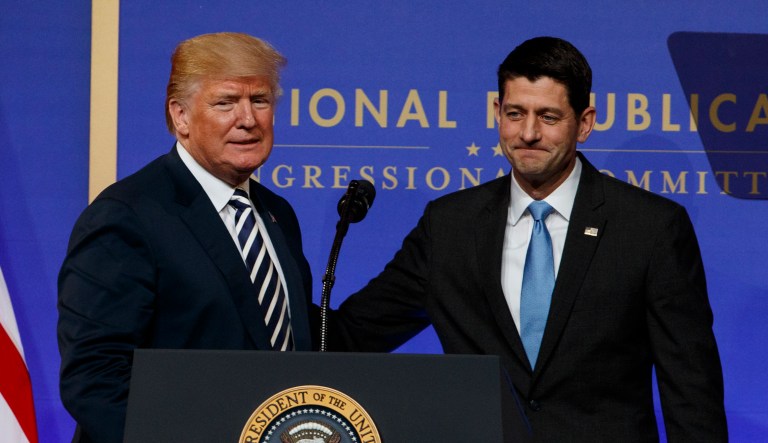 Speaker of the House Rep. Paul Ryan, R-Wis., greets President Trump to speak to the National Republican Congressional Committee March Dinner in Washington.