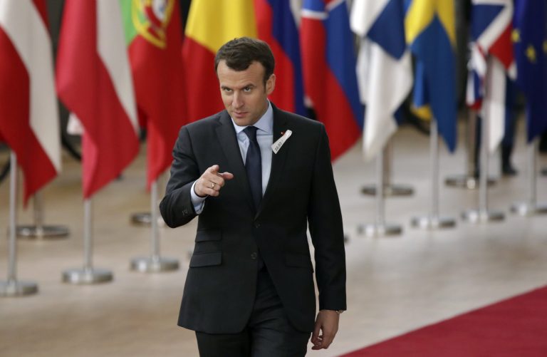 French President Emmanuel Macron arrives for an EU summit at the Europa building in Brussels on Thursday, March 22, 2018.