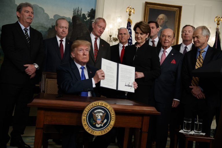 On Thursday, President Trump signed a Presidential Memorandum imposing tariffs and investment restrictions on China in the Diplomatic Reception Room of the White House in Washington.