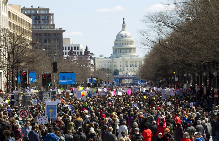 Protesters stand Pennsylvania Avenue looking east toward the stage located near the Capitol during the "March for Our Lives" rally in support of gun control in Washington on Saturday.