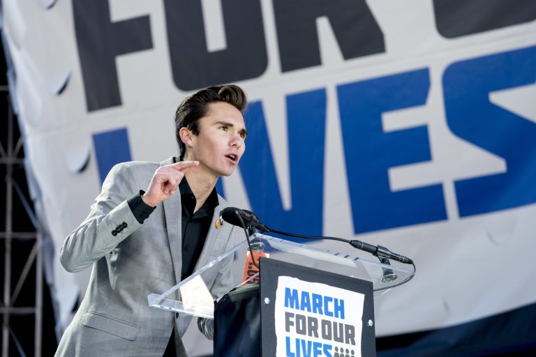 David Hogg, a survivor of the mass shooting at Marjory Stoneman Douglas High School in Parkland, Fla., speaks during the March for Our Lives rally in support of gun control in Washington, Saturday, March 24, 2018.
