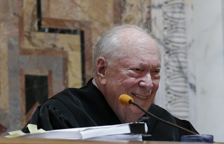 FILE - In this Sept. 8, 2014, file pool photo, Judge Stephen Reinhardt listens to arguments on gayÂ marriage bans at the 9th U.S. Circuit Court of Appeals in San Francisco. Judge Reinhardt, a liberal stalwart on the U.S. 9th Circuit Court of Appeals, has died in Los Angeles. He was 87. Court spokesman David Madden says Reinhardt died Thursday, March 29, 2018, of a heart attack during a visit to a dermatologist. 9th Circuit Chief Judge Sidney Thomas called Reinhardt a deeply principled jurist who will be remembered as one of the giants of the federal bench.