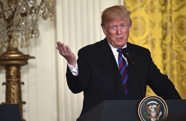 President Trump speaks during a news conference with Latvian President Raimonds Vejonis, Estonian President Kersti Kaljulaid, and Lithuanian President Dalia Grybauskaite in the East Room of the White House on Tuesday.