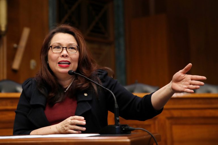 FILE - In this Feb. 14, 2018, file photo, Sen. Tammy Duckworth, D-Ill., speaks on Capitol Hill, in Washington. Duckworth has given birth to a baby girl, making her the first U.S. senator to give birth while in office. The Illinois Democrat announced she delivered her second daughter, Maile Pearl Bowlsbey, on Monday, April 9, 2018.