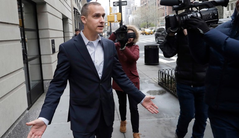 Corey Lewandowski, former campaign manager for Donald Trump's presidential campaign, leaves a hotel, Tuesday, April 10, 2018, in New York.